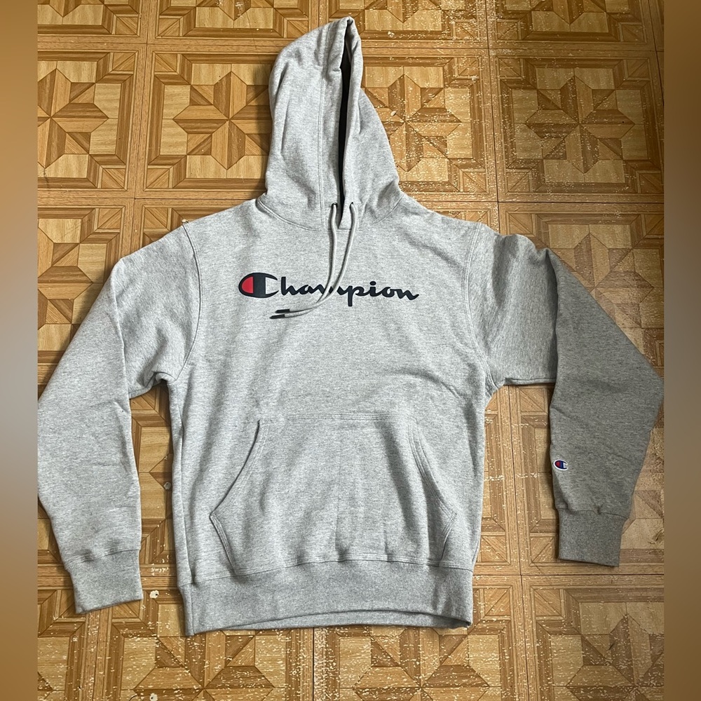 Champion Sweater Adult Small Gray Hoodie Sweatshirt Pullover Spellout Logo Mens